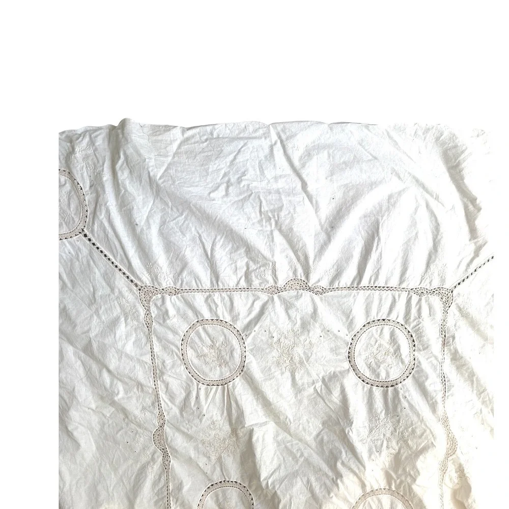 Vintage white embroidered tablecloth  cutwork patterns and crochet lace